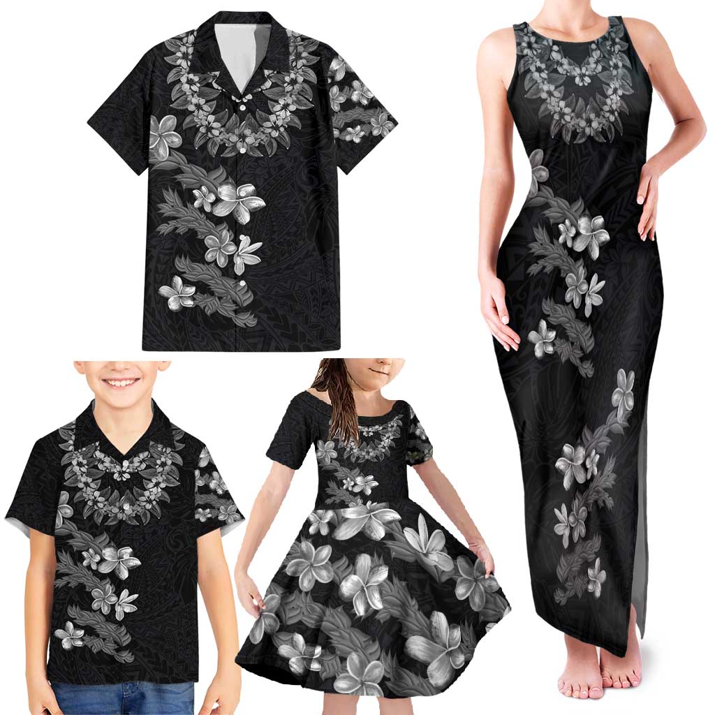 Hawaiian Lei Plumeria and Tropical Leaves Family Matching Tank Maxi Dress and Hawaiian Shirt Watercolor Style-Grayscale LT03 - Polynesian Pride