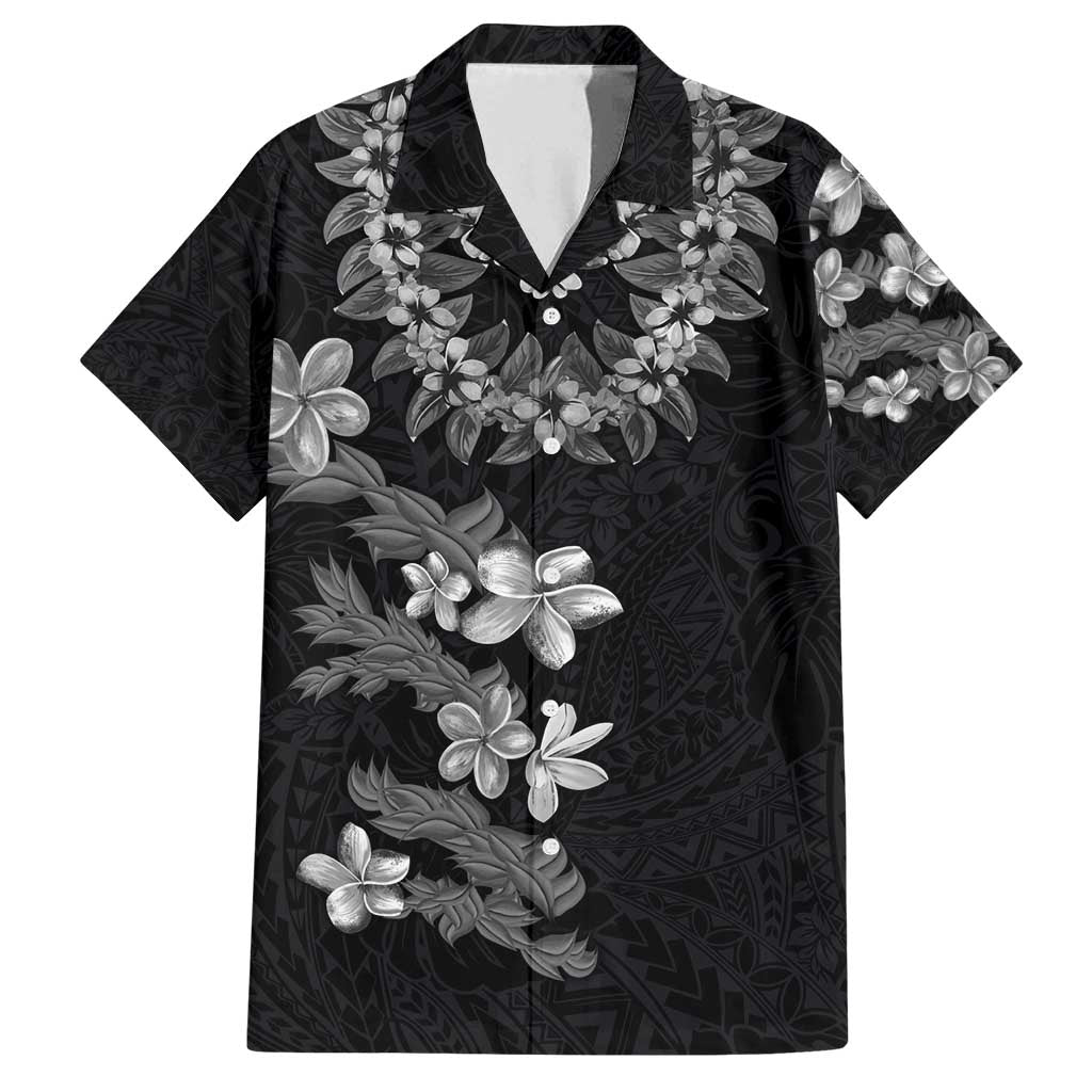 Hawaiian Lei Plumeria and Tropical Leaves Family Matching Tank Maxi Dress and Hawaiian Shirt Watercolor Style-Grayscale LT03 Dad's Shirt - Short Sleeve Black - Polynesian Pride