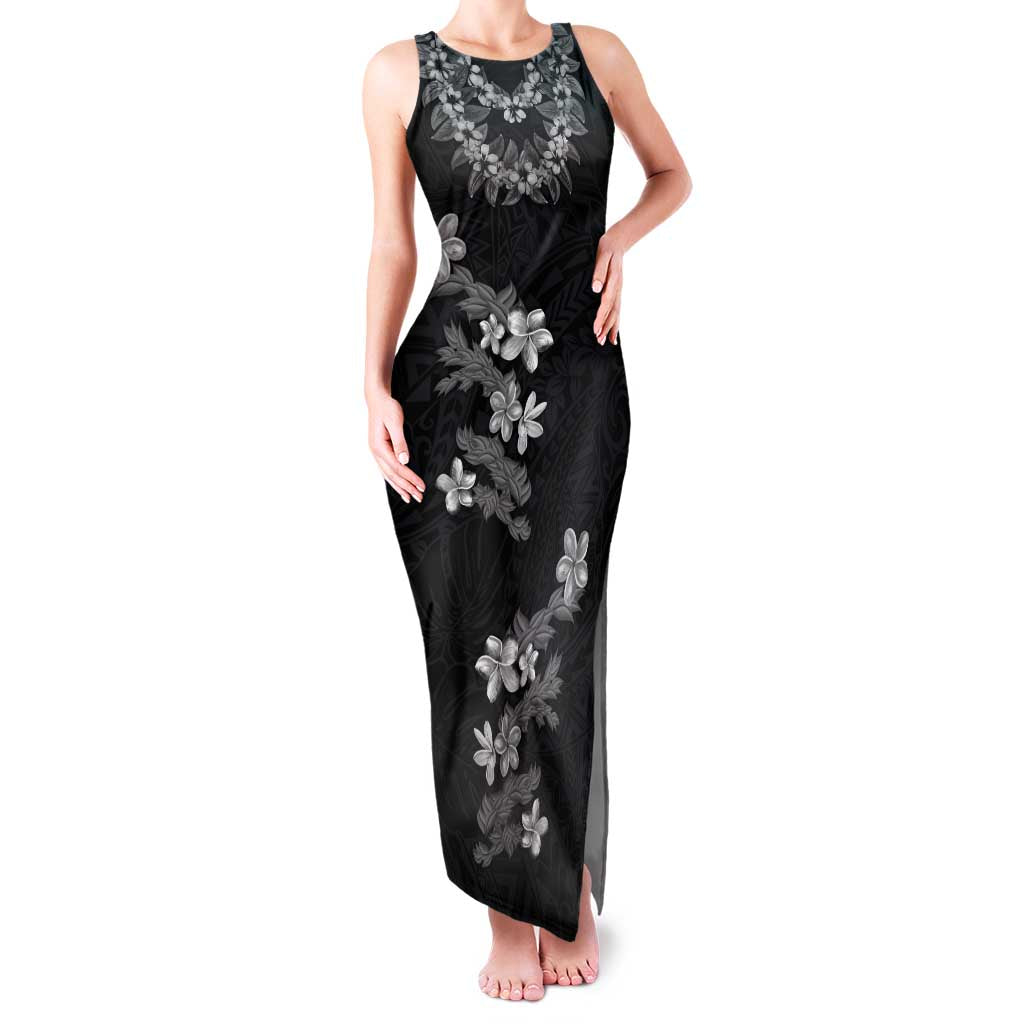 Hawaiian Lei Plumeria and Tropical Leaves Family Matching Tank Maxi Dress and Hawaiian Shirt Watercolor Style-Grayscale LT03 Mom's Dress Black - Polynesian Pride