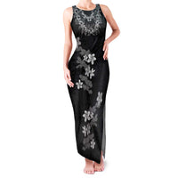 Hawaiian Lei Plumeria and Tropical Leaves Family Matching Tank Maxi Dress and Hawaiian Shirt Watercolor Style-Grayscale LT03 Mom's Dress Black - Polynesian Pride
