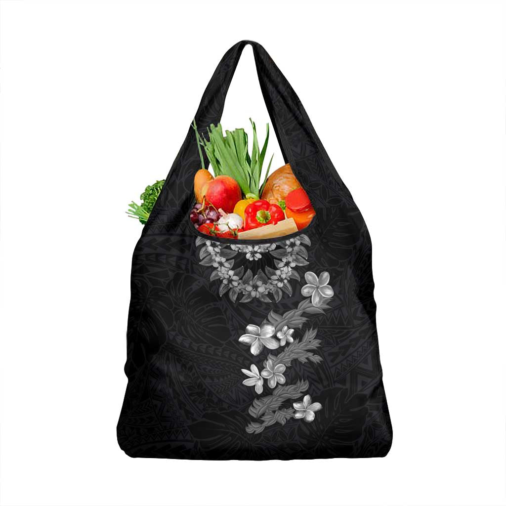 Hawaiian Lei Plumeria and Tropical Leaves Grocery Bag Watercolor Style-Grayscale