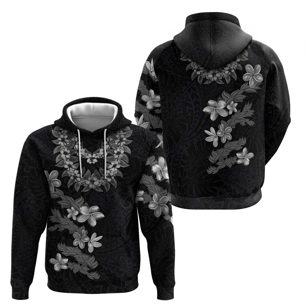 Hawaiian Lei Plumeria and Tropical Leaves Hoodie Watercolor Style-Grayscale