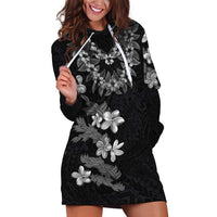 Hawaiian Lei Plumeria and Tropical Leaves Hoodie Dress Watercolor Style-Grayscale LT03 Black - Polynesian Pride