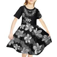 Hawaiian Lei Plumeria and Tropical Leaves Kid Short Sleeve Dress Watercolor Style-Grayscale