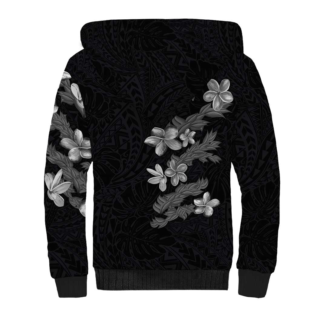 Hawaiian Lei Plumeria and Tropical Leaves Sherpa Hoodie Watercolor Style-Grayscale