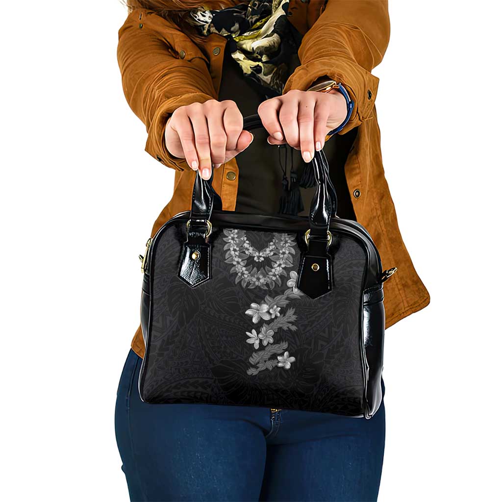 Hawaiian Lei Plumeria and Tropical Leaves Shoulder Handbag Watercolor Style-Grayscale