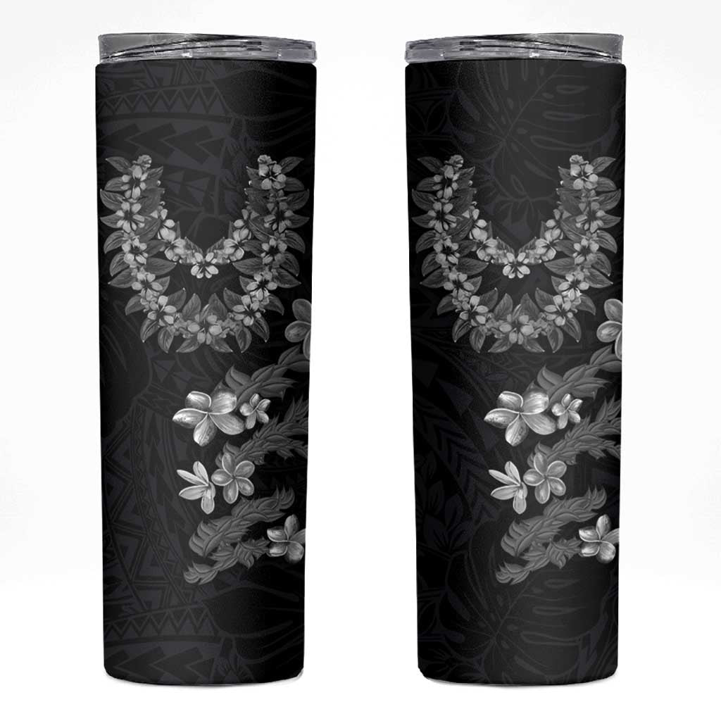 Hawaiian Lei Plumeria and Tropical Leaves Skinny Tumbler Watercolor Style-Grayscale LT03 Black - Polynesian Pride