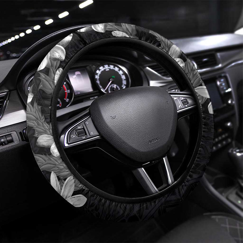 Hawaiian Lei Plumeria and Tropical Leaves Steering Wheel Cover Watercolor Style-Grayscale