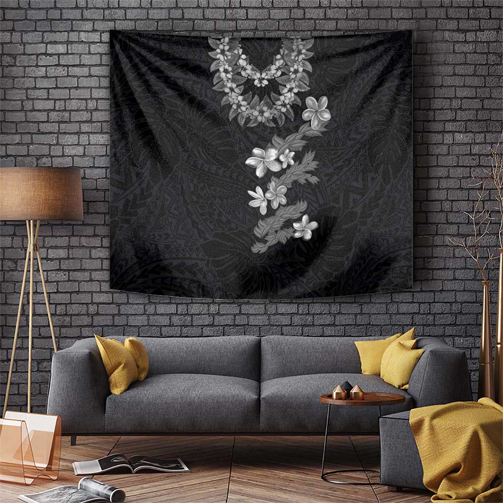 Hawaiian Lei Plumeria and Tropical Leaves Tapestry Watercolor Style-Grayscale LT03 Black - Polynesian Pride