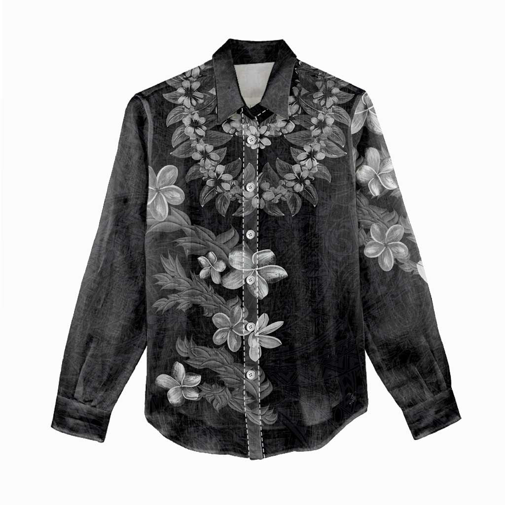 Hawaiian Lei Plumeria and Tropical Leaves Women Casual Shirt Watercolor Style-Grayscale LT03 - Polynesian Pride