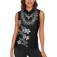 Hawaiian Lei Plumeria and Tropical Leaves Women Sleeveless Polo Shirt Watercolor Style-Grayscale LT03 - Polynesian Pride