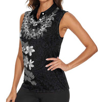 Hawaiian Lei Plumeria and Tropical Leaves Women Sleeveless Polo Shirt Watercolor Style-Grayscale LT03 - Polynesian Pride