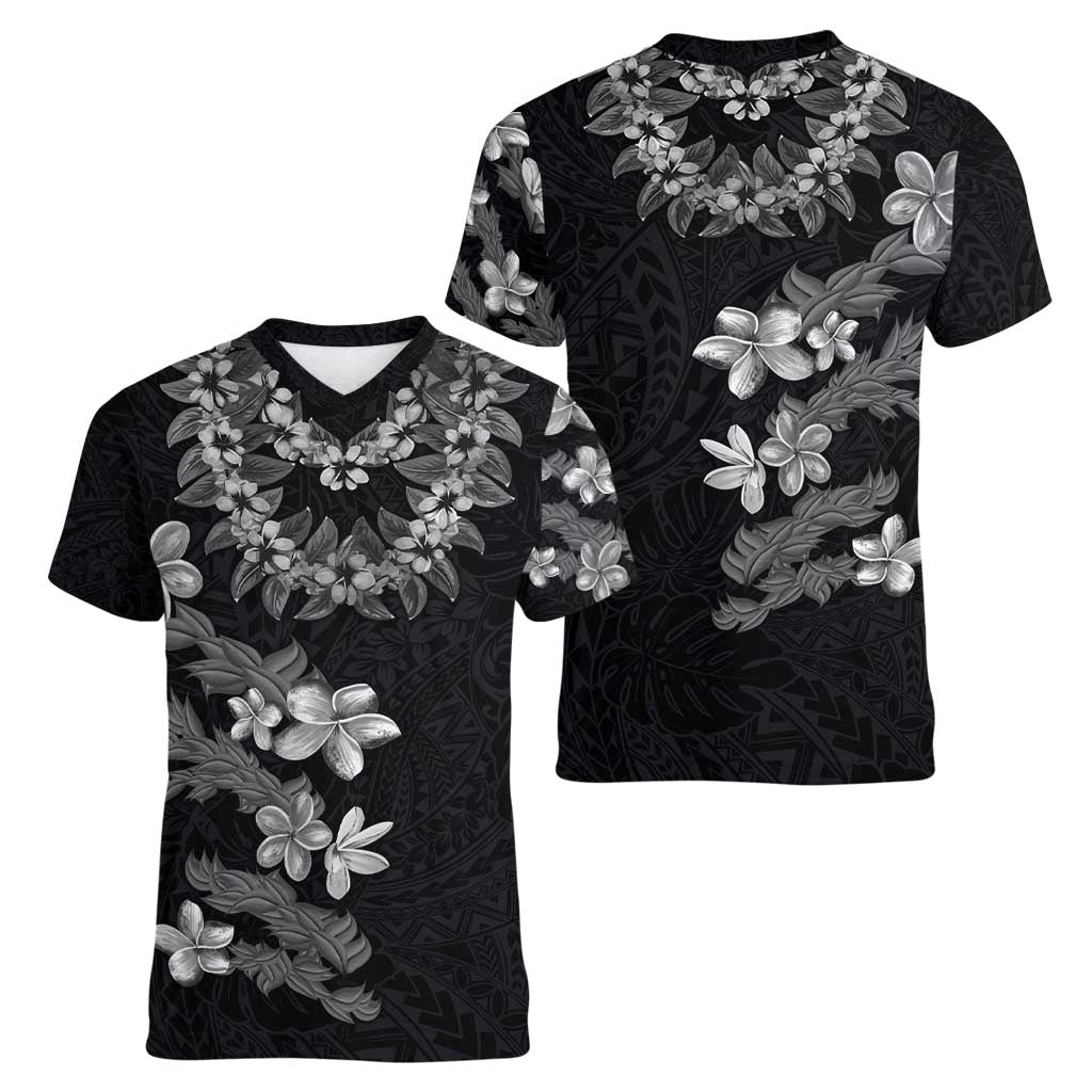 Hawaiian Lei Plumeria and Tropical Leaves Women V-Neck T-Shirt Watercolor Style-Grayscale