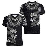 Hawaiian Lei Plumeria and Tropical Leaves Women V-Neck T-Shirt Watercolor Style-Grayscale