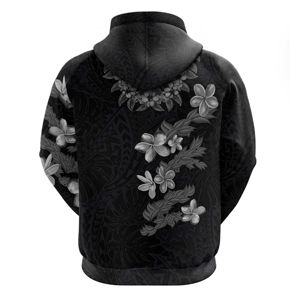 Hawaiian Lei Plumeria and Tropical Leaves Zip Hoodie Watercolor Style-Grayscale
