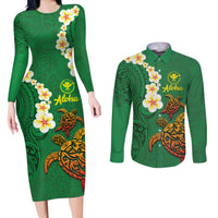 Hawaii Turtle Plumeria Flower Couples Matching Long Sleeve Bodycon Dress and Long Sleeve Button Shirt Polynesian Pattern Green Color