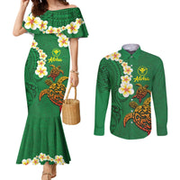 Hawaii Turtle Plumeria Flower Couples Matching Mermaid Dress and Long Sleeve Button Shirt Polynesian Pattern Green Color