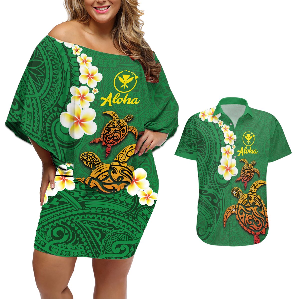 Hawaii Turtle Plumeria Flower Couples Matching Off Shoulder Short Dress and Hawaiian Shirt Polynesian Pattern Green Color