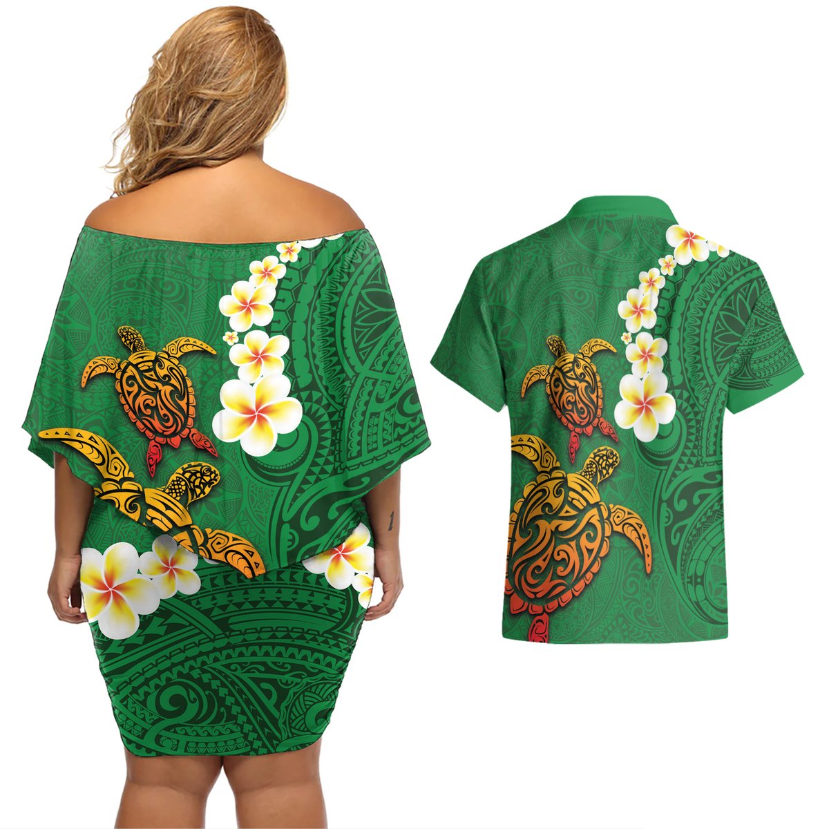 Hawaii Turtle Plumeria Flower Couples Matching Off Shoulder Short Dress and Hawaiian Shirt Polynesian Pattern Green Color