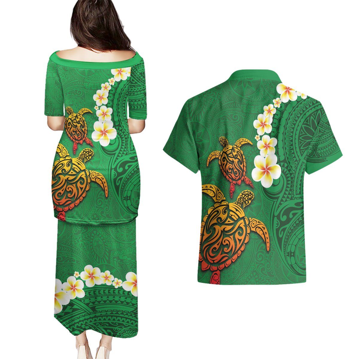 Hawaii Turtle Plumeria Flower Couples Matching Puletasi and Hawaiian Shirt Polynesian Pattern Green Color