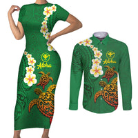 Hawaii Turtle Plumeria Flower Couples Matching Short Sleeve Bodycon Dress and Long Sleeve Button Shirt Polynesian Pattern Green Color