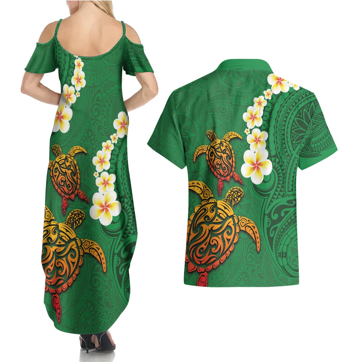 Hawaii Turtle Plumeria Flower Couples Matching Summer Maxi Dress and Hawaiian Shirt Polynesian Pattern Green Color