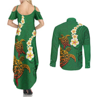 Hawaii Turtle Plumeria Flower Couples Matching Summer Maxi Dress and Long Sleeve Button Shirt Polynesian Pattern Green Color