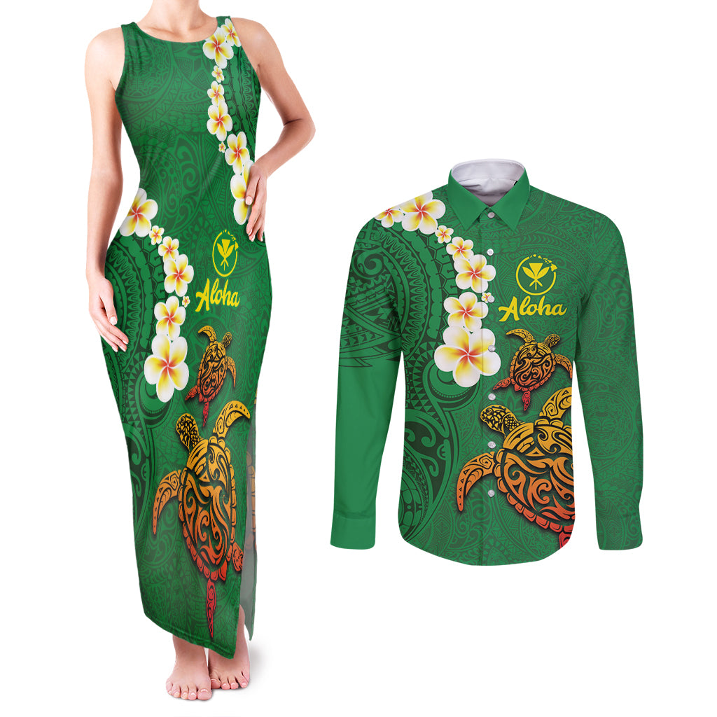 Hawaii Turtle Plumeria Flower Couples Matching Tank Maxi Dress and Long Sleeve Button Shirt Polynesian Pattern Green Color