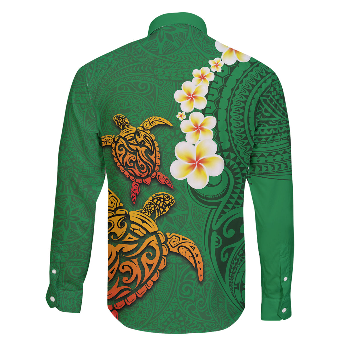 Hawaii Turtle Plumeria Flower Family Matching Long Sleeve Bodycon Dress and Hawaiian Shirt Polynesian Pattern Green Color LT03 - Polynesian Pride
