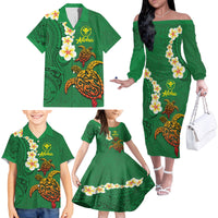 Hawaii Turtle Plumeria Flower Family Matching Off The Shoulder Long Sleeve Dress and Hawaiian Shirt Polynesian Pattern Green Color LT03 - Polynesian Pride