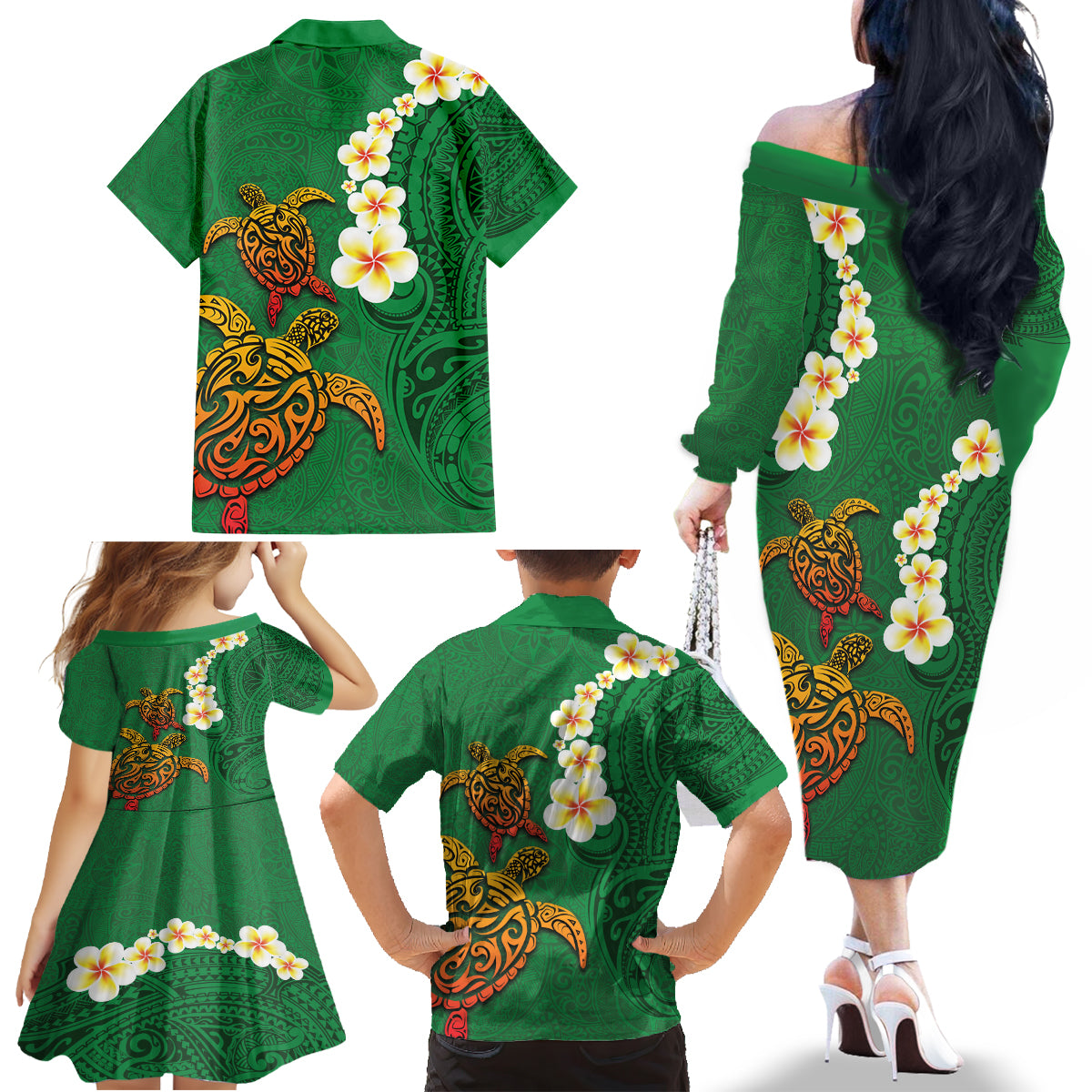 Hawaii Turtle Plumeria Flower Family Matching Off The Shoulder Long Sleeve Dress and Hawaiian Shirt Polynesian Pattern Green Color LT03 - Polynesian Pride