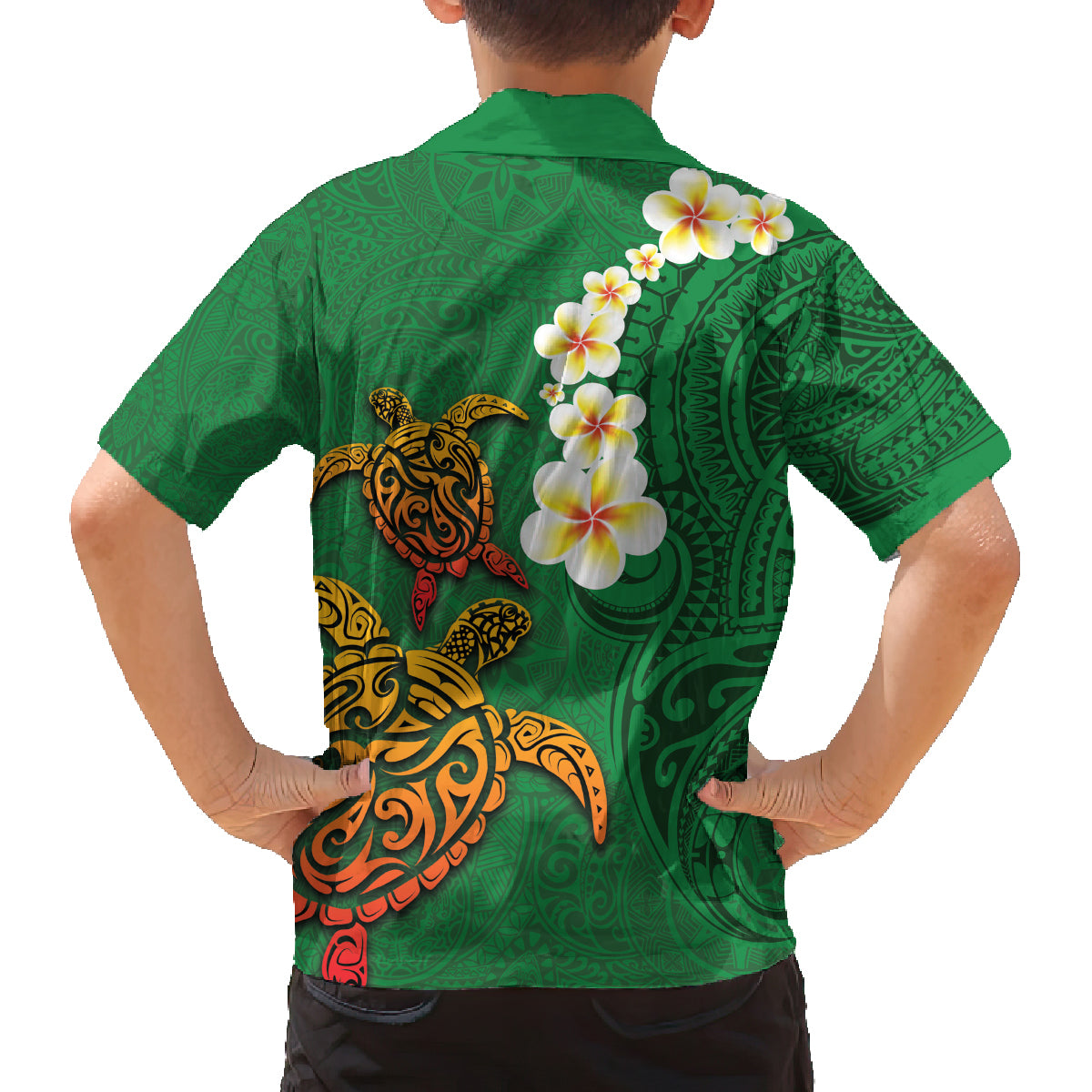 Hawaii Turtle Plumeria Flower Family Matching Off Shoulder Maxi Dress and Hawaiian Shirt Polynesian Pattern Green Color LT03 - Polynesian Pride