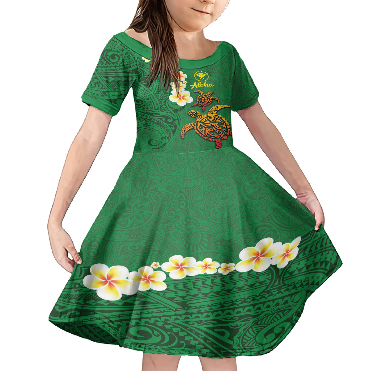 Hawaii Turtle Plumeria Flower Family Matching Off Shoulder Maxi Dress and Hawaiian Shirt Polynesian Pattern Green Color LT03 Daughter's Dress Green - Polynesian Pride