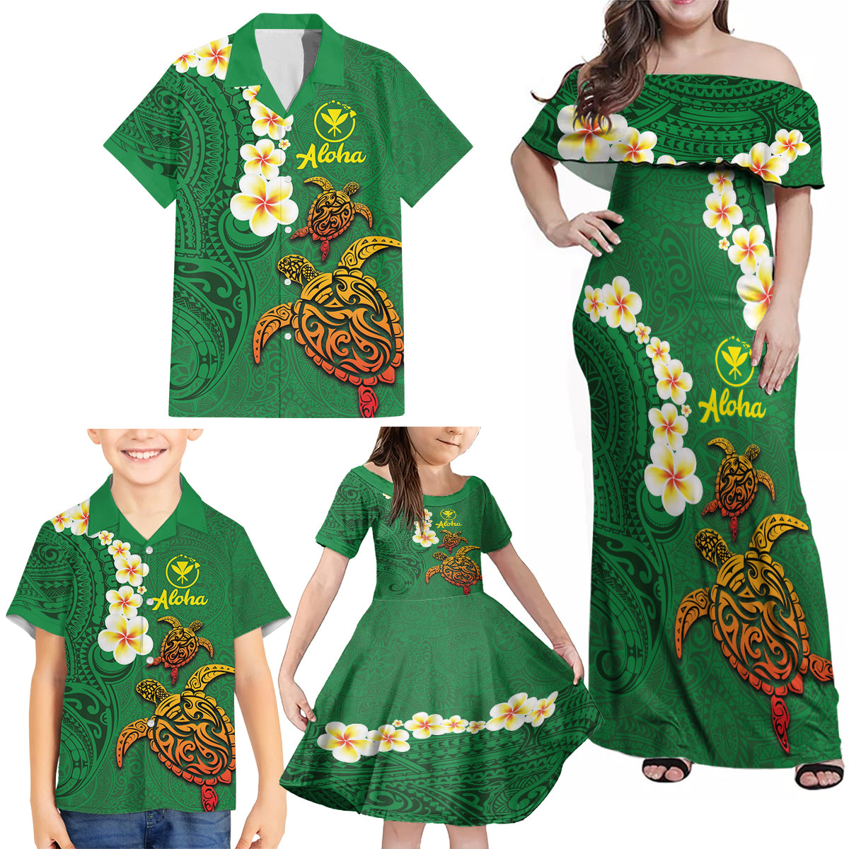 Hawaii Turtle Plumeria Flower Family Matching Off Shoulder Maxi Dress and Hawaiian Shirt Polynesian Pattern Green Color LT03 - Polynesian Pride