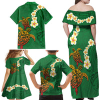 Hawaii Turtle Plumeria Flower Family Matching Off Shoulder Maxi Dress and Hawaiian Shirt Polynesian Pattern Green Color LT03 - Polynesian Pride