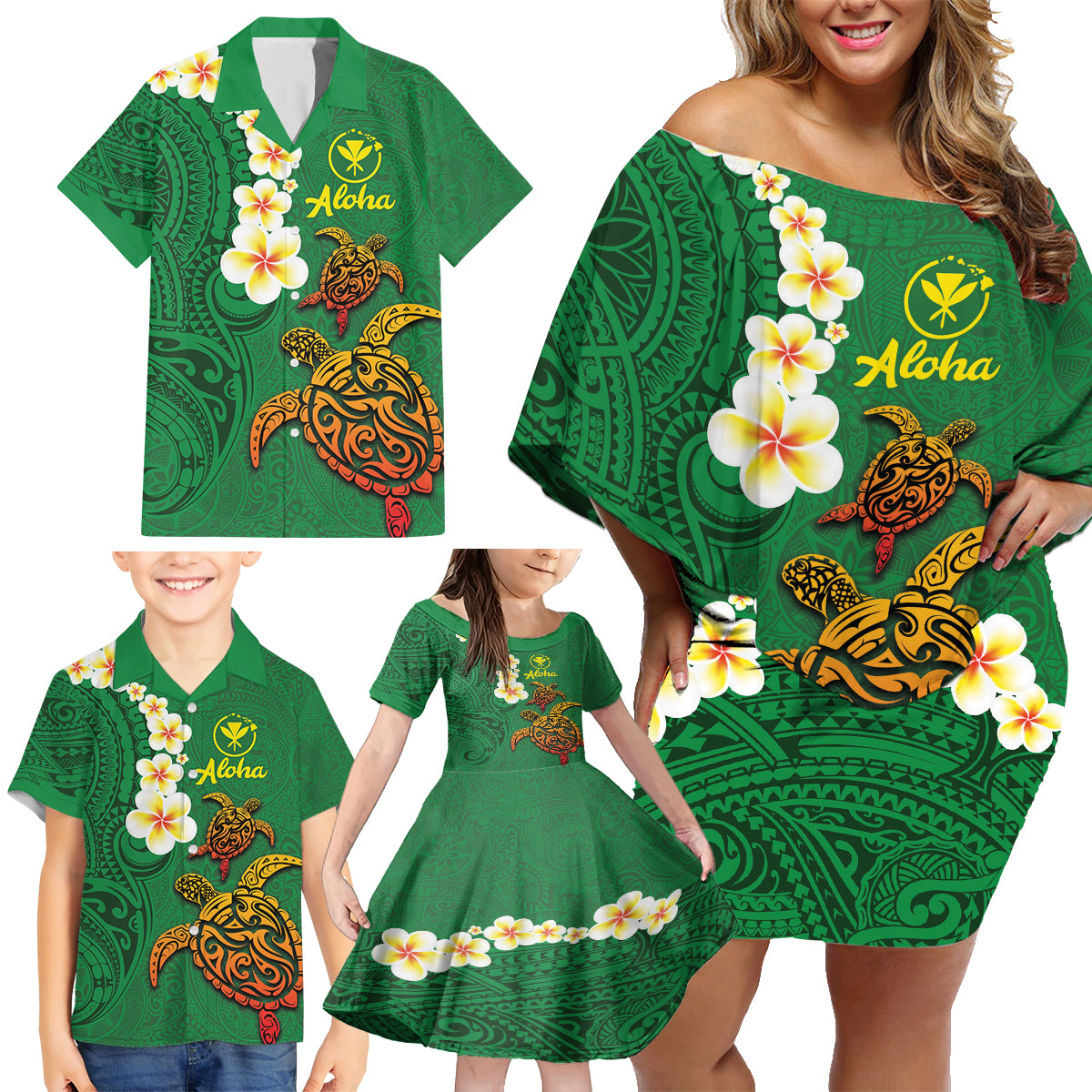 Hawaii Turtle Plumeria Flower Family Matching Off Shoulder Short Dress and Hawaiian Shirt Polynesian Pattern Green Color LT03 - Polynesian Pride