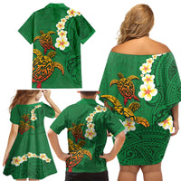 Hawaii Turtle Plumeria Flower Family Matching Off Shoulder Short Dress and Hawaiian Shirt Polynesian Pattern Green Color LT03 - Polynesian Pride
