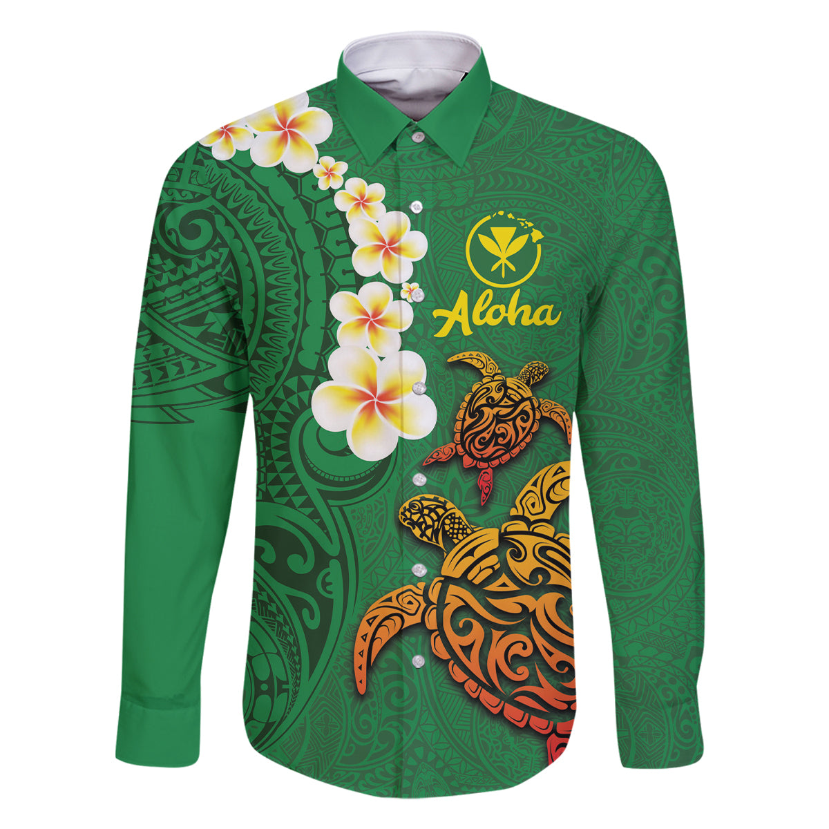 Hawaii Turtle Plumeria Flower Family Matching Off Shoulder Short Dress and Hawaiian Shirt Polynesian Pattern Green Color LT03 Dad's Shirt - Long Sleeve Green - Polynesian Pride