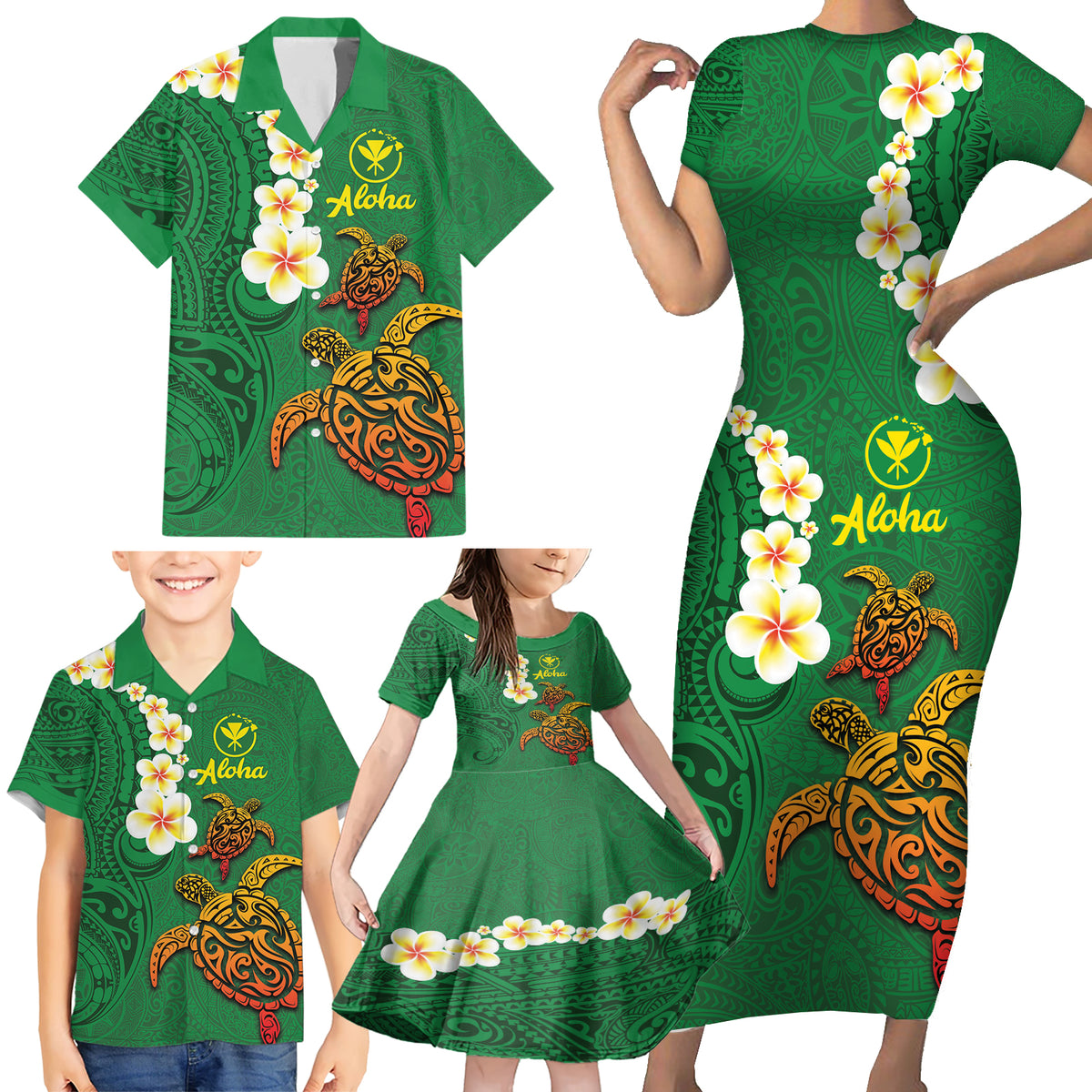 Hawaii Turtle Plumeria Flower Family Matching Short Sleeve Bodycon Dress and Hawaiian Shirt Polynesian Pattern Green Color LT03 - Polynesian Pride