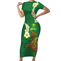 Hawaii Turtle Plumeria Flower Family Matching Short Sleeve Bodycon Dress and Hawaiian Shirt Polynesian Pattern Green Color LT03 Mom's Dress Green - Polynesian Pride