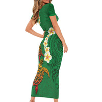 Hawaii Turtle Plumeria Flower Family Matching Short Sleeve Bodycon Dress and Hawaiian Shirt Polynesian Pattern Green Color LT03 - Polynesian Pride
