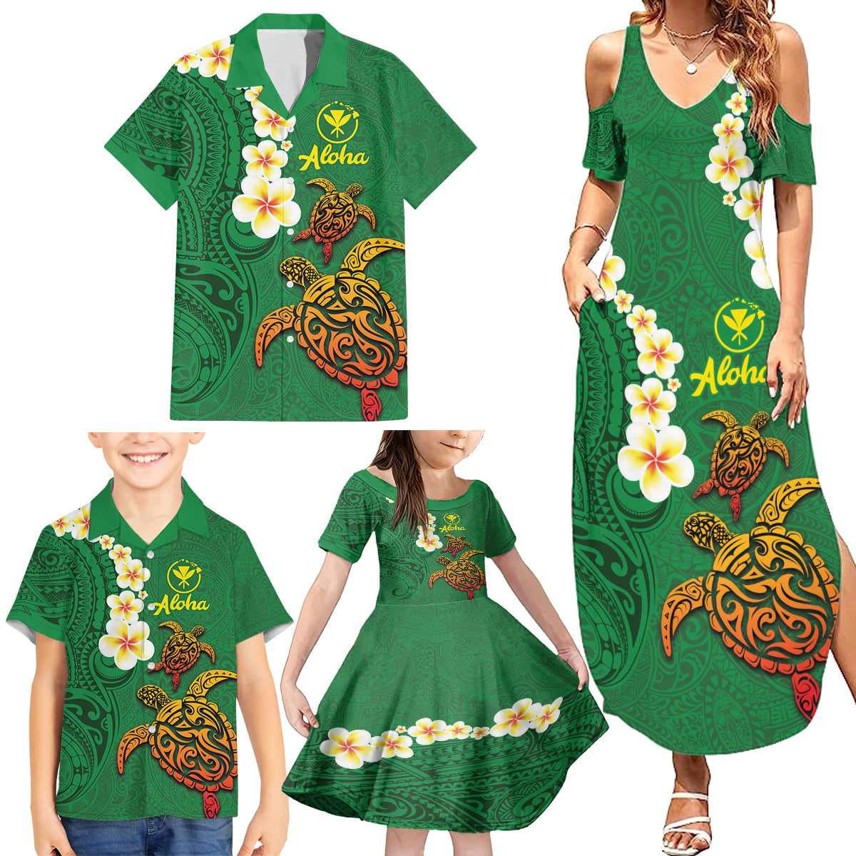 Hawaii Turtle Plumeria Flower Family Matching Summer Maxi Dress and Hawaiian Shirt Polynesian Pattern Green Color LT03 - Polynesian Pride