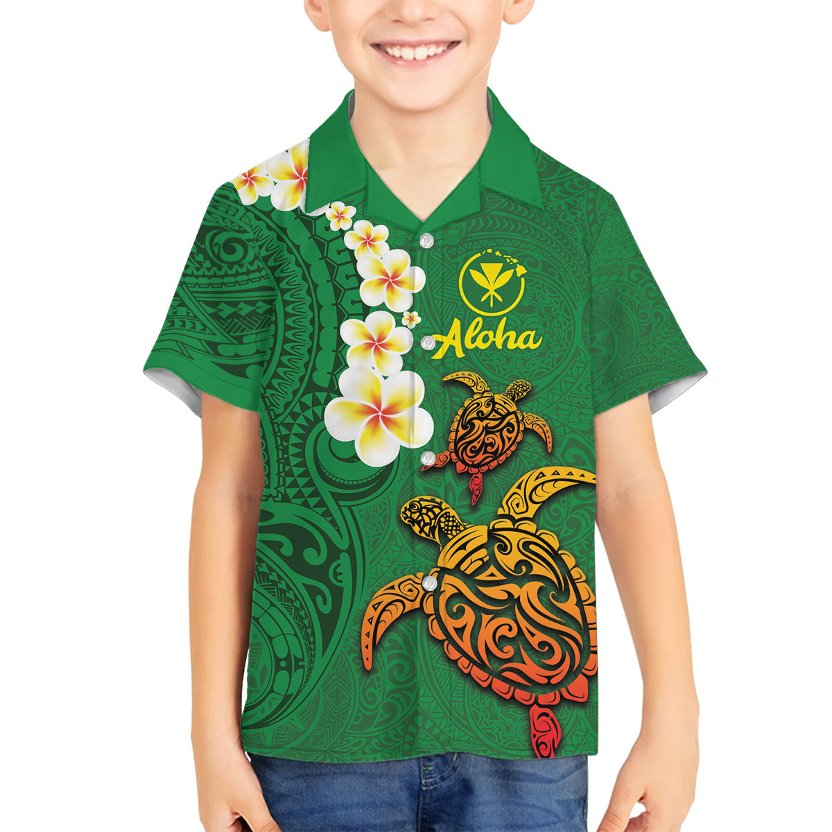 Hawaii Turtle Plumeria Flower Family Matching Summer Maxi Dress and Hawaiian Shirt Polynesian Pattern Green Color LT03 Son's Shirt Green - Polynesian Pride