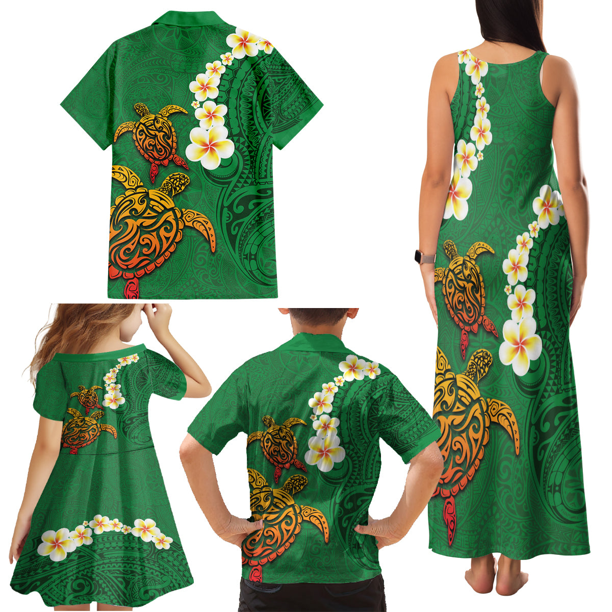 Hawaii Turtle Plumeria Flower Family Matching Tank Maxi Dress and Hawaiian Shirt Polynesian Pattern Green Color LT03 - Polynesian Pride