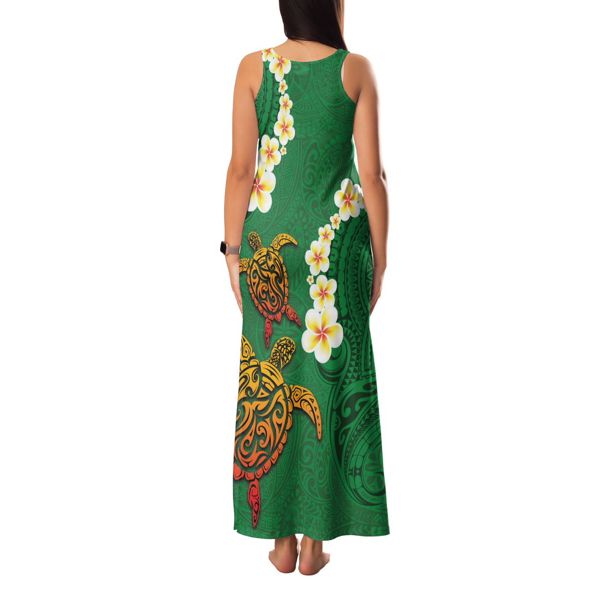Hawaii Turtle Plumeria Flower Family Matching Tank Maxi Dress and Hawaiian Shirt Polynesian Pattern Green Color LT03 - Polynesian Pride