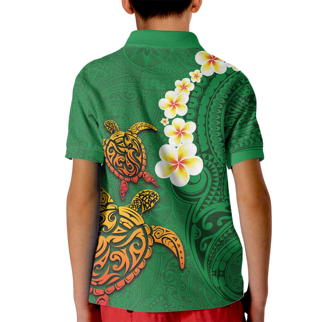 Hawaii Turtle Plumeria Flower Kid Polo Shirt Polynesian Pattern Green Color