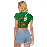 Hawaii Turtle Plumeria Flower Raglan Cropped T Shirt Polynesian Pattern Green Color