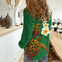 Hawaii Turtle Plumeria Flower Women Casual Shirt Polynesian Pattern Green Color LT03 - Polynesian Pride