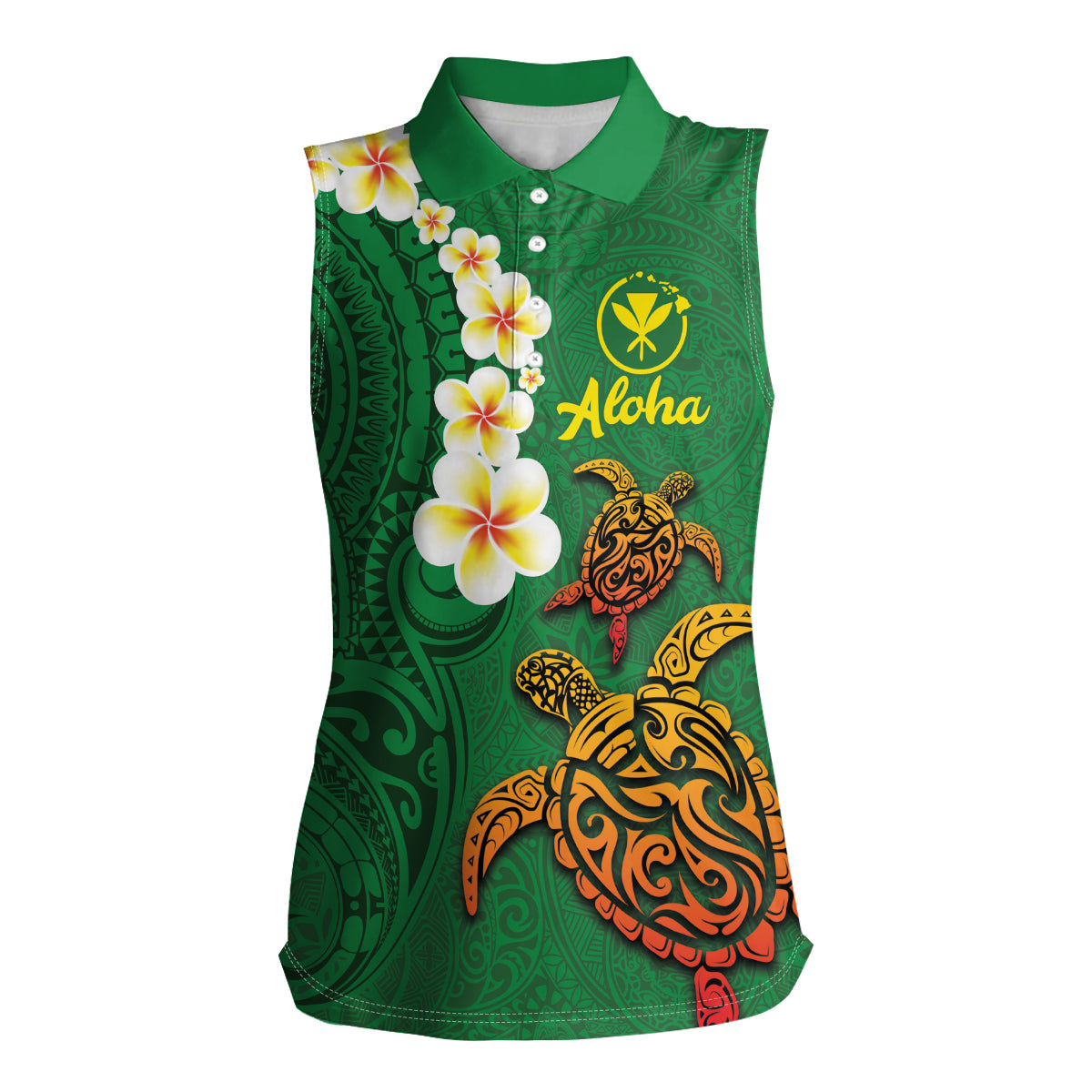 Hawaii Turtle Plumeria Flower Women Sleeveless Polo Shirt Polynesian Pattern Green Color