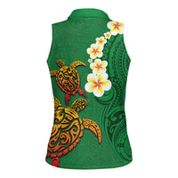 Hawaii Turtle Plumeria Flower Women Sleeveless Polo Shirt Polynesian Pattern Green Color